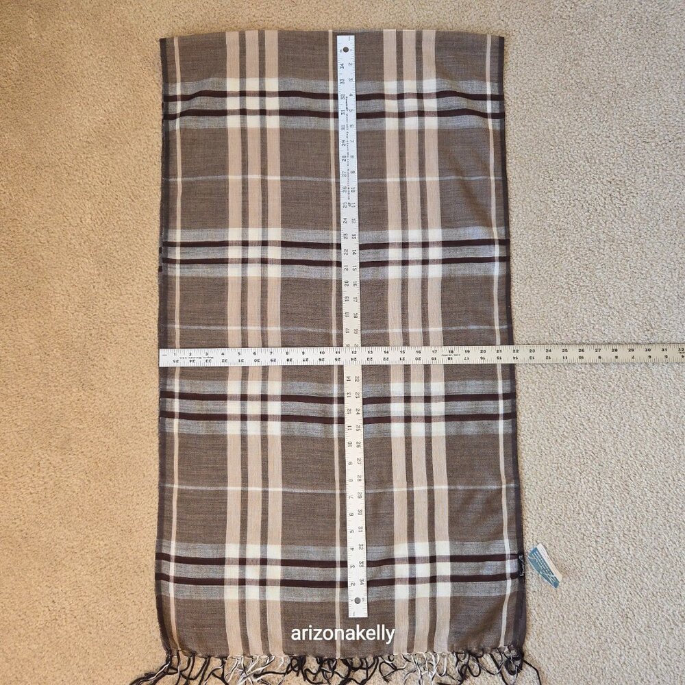NWT Wool/Cotton Blend Lightweight Scarf Brown Tan Plaid Freeset Fabric - Picture 6 of 16